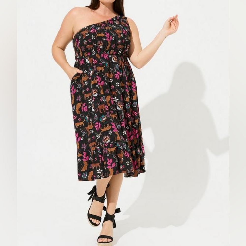 Torrid Black Brown Leopard Challis Smocked Bodice Safari Dress Size 3X N…